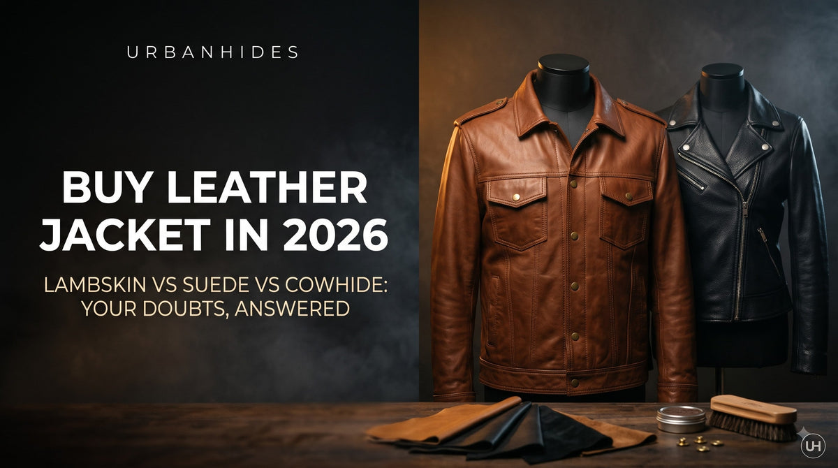 Buy leather jacket guide: men’s brown and women’s black leather jackets beside lambskin, cowhide and suede swatches