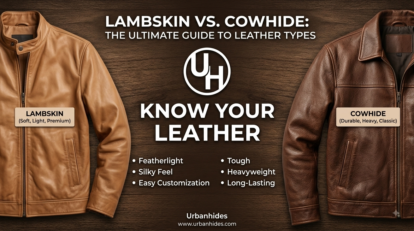 Side-by-side comparison of an Urbanhides light tan lambskin leather jacket and a dark brown full-grain cowhide leather jacket displayed on a dark wood background with the Urbanhides logo