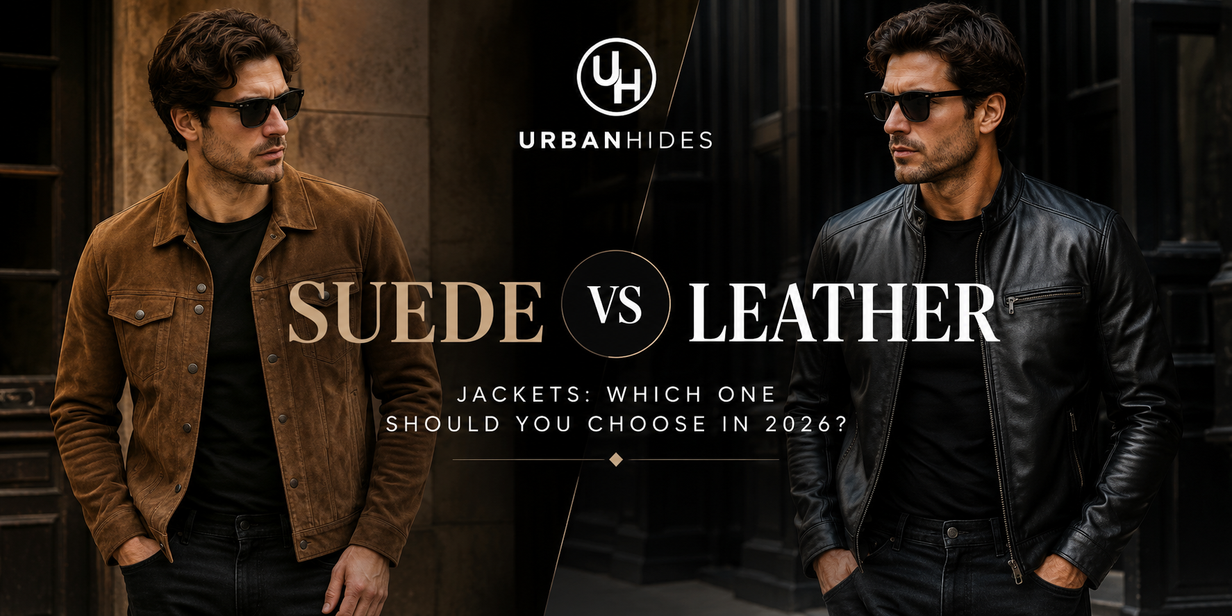 UrbanHides suede vs leather jackets comparison featuring men’s brown suede and black leather jackets, highlighting style, fit, versatility and 2026 fashion trends.
