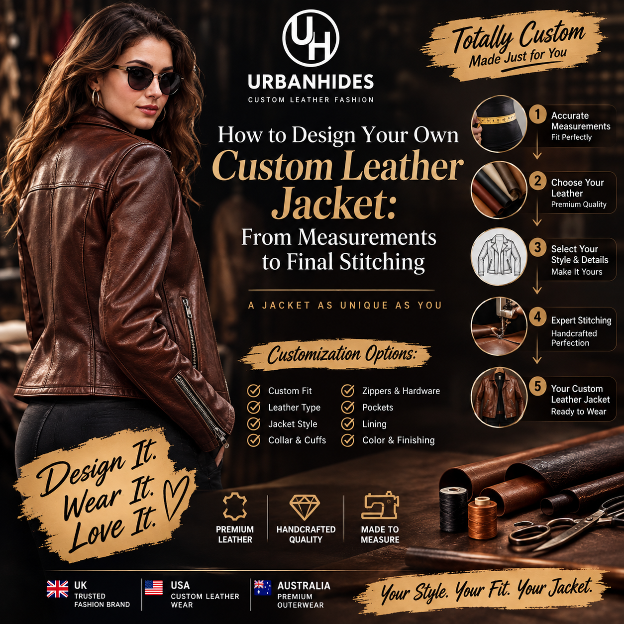UrbanHides custom leather jacket for women, fully customizable made-to-measure premium leather jacket with personalized style for UK, USA and Australia