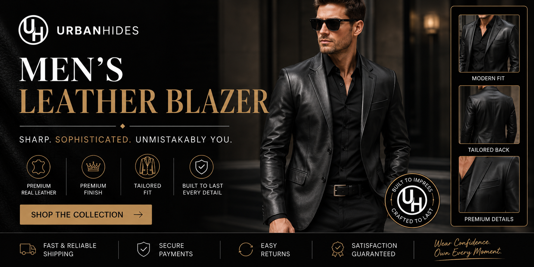 UrbanHides men’s leather blazer, custom made genuine leather blazer for men in USA, UK and Australia