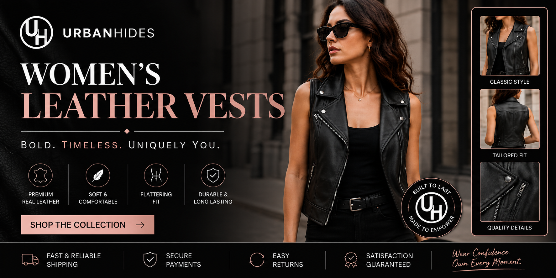 UrbanHides women's leather vests collection featuring premium black leather vests, stylish designs and timeless women's fashion