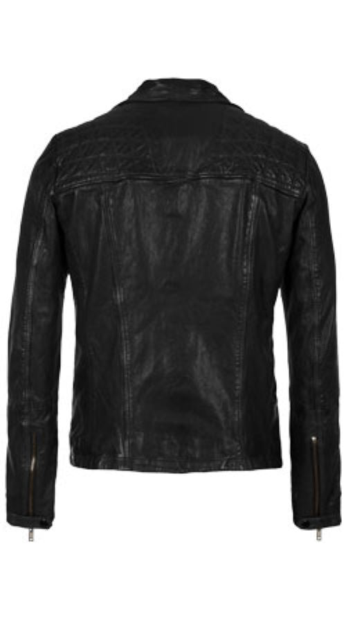 Men's aged chestnut genuine real soft lambskin leather biker jacket in a dark distressed burnished finish featuring an asymmetrical off-center front zipper closure, diamond-quilted shoulder panels, four functional metal zipper pockets, zippered cuffs, tailored slim fit, and custom made-to-measure tailoring available worldwide.back