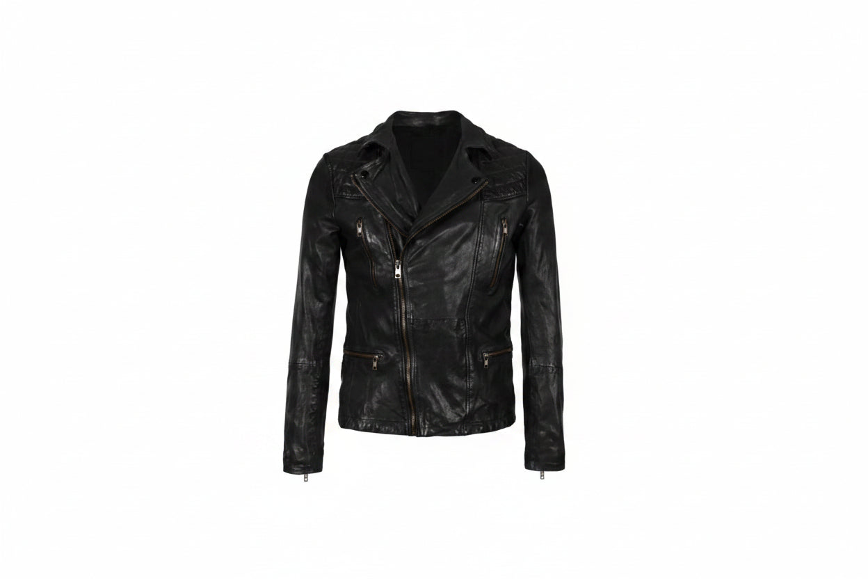Men's aged chestnut genuine real soft lambskin leather biker jacket in a dark distressed burnished finish featuring an asymmetrical off-center front zipper closure, diamond-quilted shoulder panels, four functional metal zipper pockets, zippered cuffs, tailored slim fit, and custom made-to-measure tailoring available worldwide.