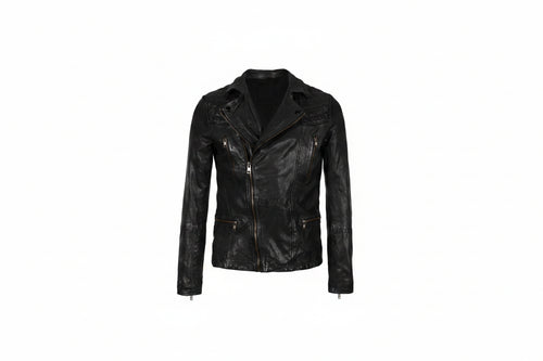 Men's aged chestnut genuine real soft lambskin leather biker jacket in a dark distressed burnished finish featuring an asymmetrical off-center front zipper closure, diamond-quilted shoulder panels, four functional metal zipper pockets, zippered cuffs, tailored slim fit, and custom made-to-measure tailoring available worldwide.