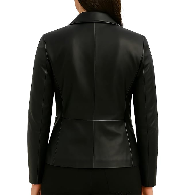 Amara Drift women's jet black genuine lambskin leather short trench coat featuring a wide notch lapel collar, double-breasted four-button closure, side welt pockets, and custom made-to-measure fitting across the UK, USA, and Australia.back
