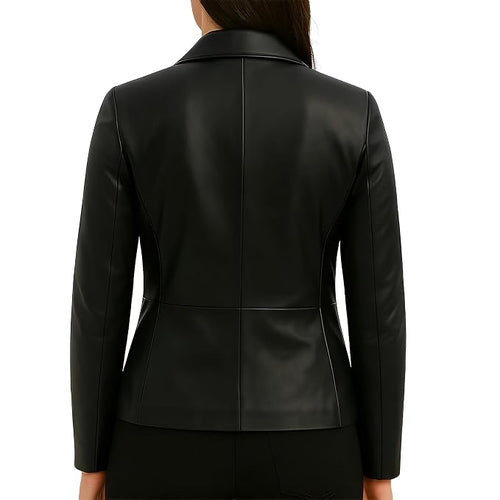 Amara Drift women's jet black genuine lambskin leather short trench coat featuring a wide notch lapel collar, double-breasted four-button closure, side welt pockets, and custom made-to-measure fitting across the UK, USA, and Australia.back