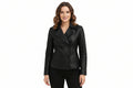 Amara Drift women's jet black genuine lambskin leather short trench coat featuring a wide notch lapel collar, double-breasted four-button closure, side welt pockets, and custom made-to-measure fitting across the UK, USA, and Australia.