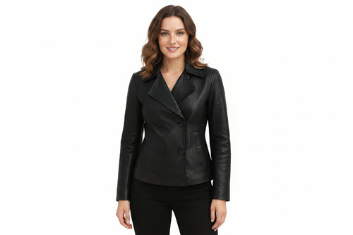 Amara Drift women's jet black genuine lambskin leather short trench coat featuring a wide notch lapel collar, double-breasted four-button closure, side welt pockets, and custom made-to-measure fitting across the UK, USA, and Australia.