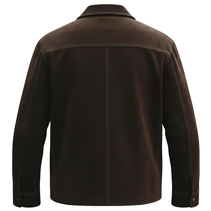A dark brown men's jacket shown from the back, featuring a collar, long sleeves, and a central seam running down the back, photographed on a solid white background.