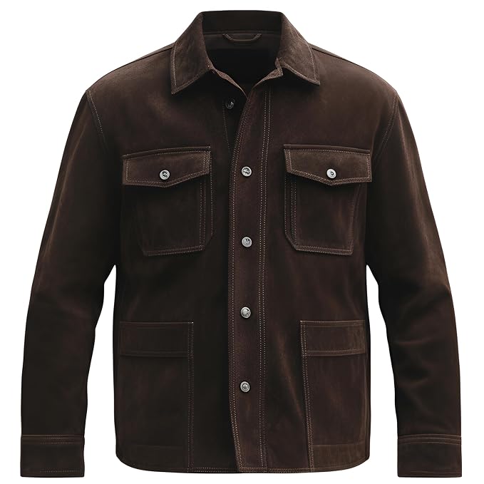 A dark brown suede or nubuck utility jacket with a pointed collar, button-up front, and four front pockets, shown on a plain white background.