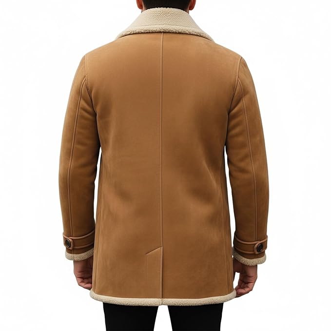 Apex Crest Minimalist Genuine Suede Long Leather Coat for Men back – premium minimalist suede leather coat by Urbanhides, designed for timeless men’s fashion in the UK, USA and Australia.