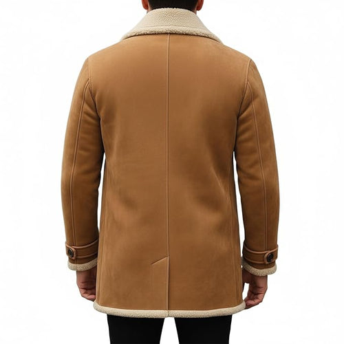 Apex Crest Minimalist Genuine Suede Long Leather Coat for Men back – premium minimalist suede leather coat by Urbanhides, designed for timeless men’s fashion in the UK, USA and Australia.