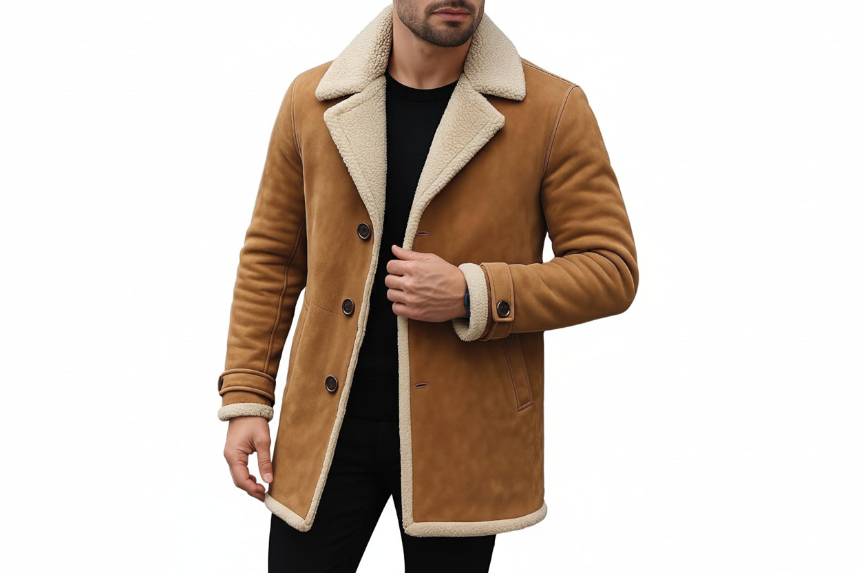 Apex Crest Minimalist Genuine Suede Long Leather Coat for Men – premium minimalist suede leather coat by Urbanhides, designed for timeless men’s fashion in the UK, USA and Australia.
