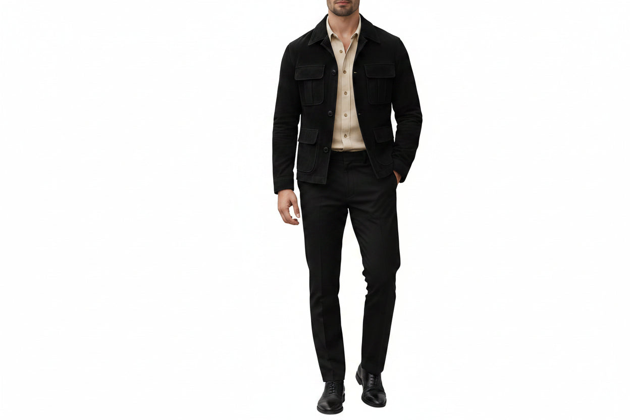Apex Forge Midnight Black Suede Blazer for Men, premium genuine suede leather jacket with fully customizable fit and design, stylish menswear for UK, USA and Australia.