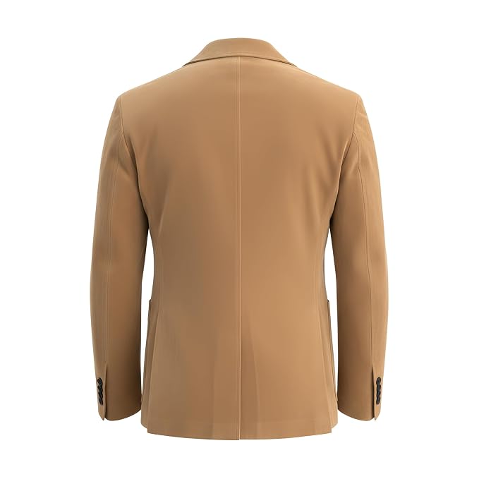 Men's apex grain light camel vintage finish genuine real suede leather double-breasted blazer suit jacket featuring broad peak lapels, dark contrast front buttons, welt chest pocket with pocket square, lower patch waist pockets, tailored slim fit, and custom made-to-measure tailoring across the UK, USA, and Australia.back