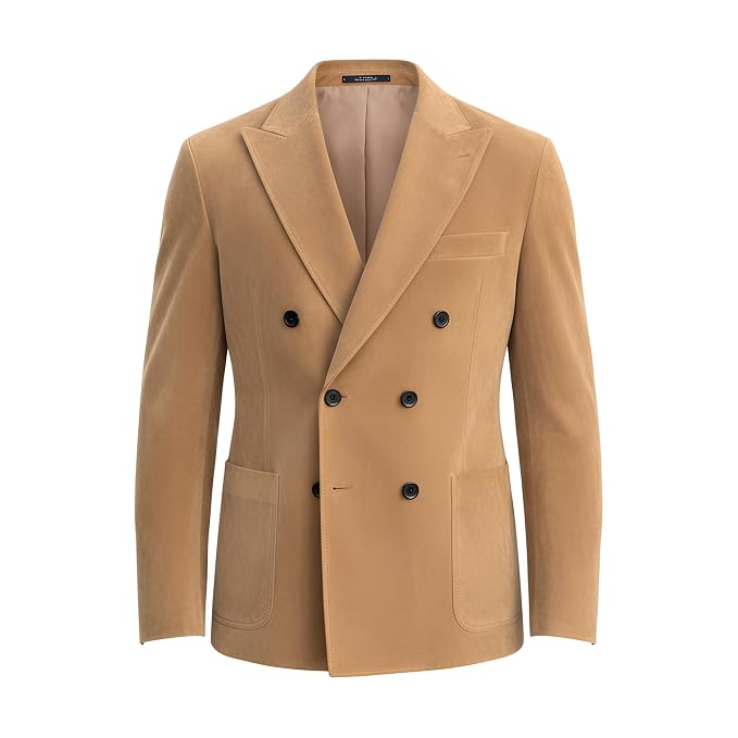 Men's apex grain light camel vintage finish genuine real suede leather double-breasted blazer suit jacket featuring broad peak lapels, dark contrast front buttons, welt chest pocket with pocket square, lower patch waist pockets, tailored slim fit, and custom made-to-measure tailoring across the UK, USA, and Australia.Front