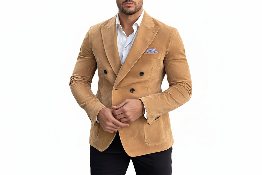 Men's apex grain light camel vintage finish genuine real suede leather double-breasted blazer suit jacket featuring broad peak lapels, dark contrast front buttons, welt chest pocket with pocket square, lower patch waist pockets, tailored slim fit, and custom made-to-measure tailoring across the UK, USA, and Australia.