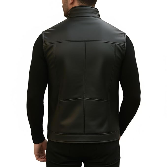 Apex Hide Traditional Snap Button Leather Vests for Men back, available in UK, USA, and Australia sizes, featuring a classic leather design with snap-button front closure.