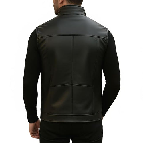 Apex Hide Traditional Snap Button Leather Vests for Men back, available in UK, USA, and Australia sizes, featuring a classic leather design with snap-button front closure.