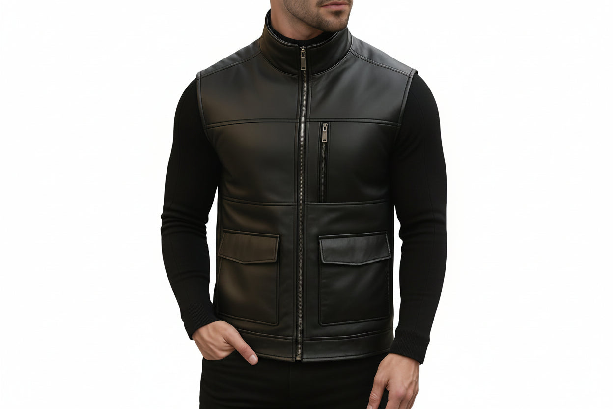 Apex Hide Traditional Snap Button Leather Vests for Men, available in UK, USA, and Australia sizes, featuring a classic leather design with snap-button front closure.