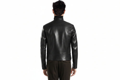 Men's Apex Minimalist genuine real soft lambskin leather moto jacket in sleek jet black featuring a snap-button mandarin collar, asymmetrical off-center front zipper closure, horizontal zip waist pockets, small snap flap coin pocket, integrated buckled waist belt, zippered sleeve cuffs, tailored slim fit, and custom made-to-measure tailoring available worldwide.back