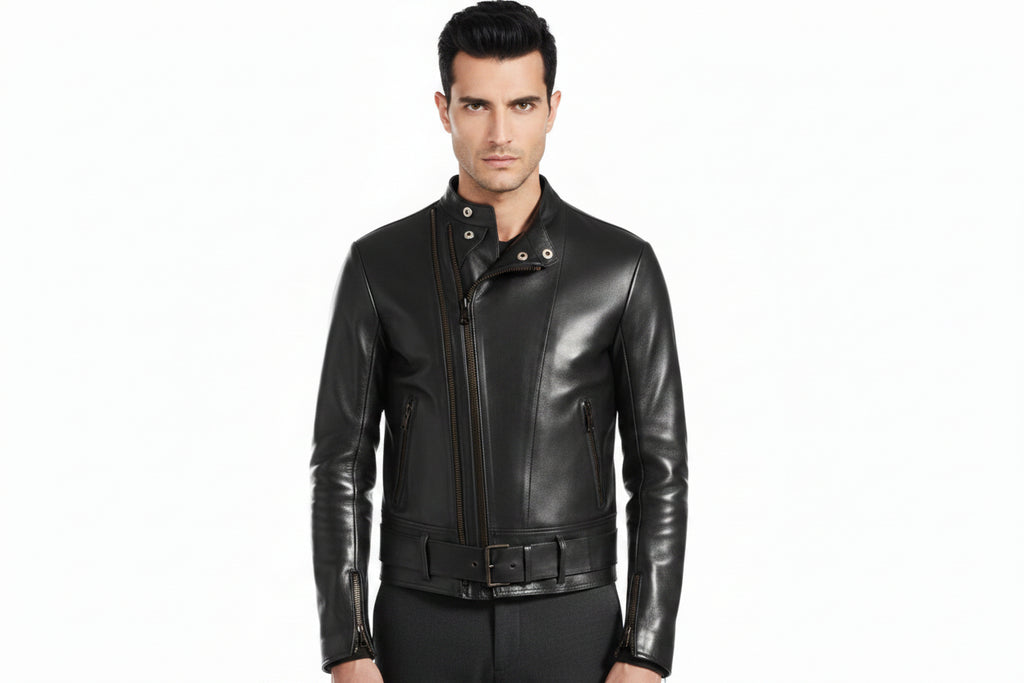 Men's Apex Minimalist genuine real soft lambskin leather moto jacket in sleek jet black featuring a snap-button mandarin collar, asymmetrical off-center front zipper closure, horizontal zip waist pockets, small snap flap coin pocket, integrated buckled waist belt, zippered sleeve cuffs, tailored slim fit, and custom made-to-measure tailoring available worldwide.