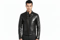 Men's Apex Minimalist genuine real soft lambskin leather moto jacket in sleek jet black featuring a snap-button mandarin collar, asymmetrical off-center front zipper closure, horizontal zip waist pockets, small snap flap coin pocket, integrated buckled waist belt, zippered sleeve cuffs, tailored slim fit, and custom made-to-measure tailoring available worldwide.