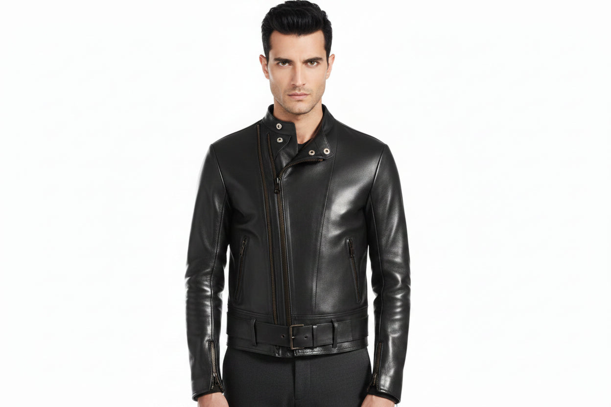 Men's Apex Minimalist genuine real soft lambskin leather moto jacket in sleek jet black featuring a snap-button mandarin collar, asymmetrical off-center front zipper closure, horizontal zip waist pockets, small snap flap coin pocket, integrated buckled waist belt, zippered sleeve cuffs, tailored slim fit, and custom made-to-measure tailoring available worldwide.