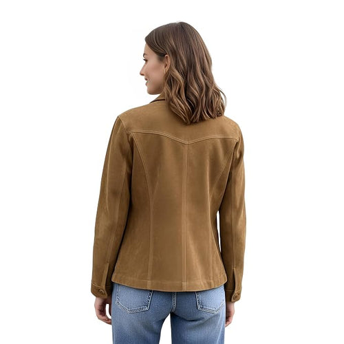 A woman viewed from the back wearing a tan suede jacket and blue jeans against a plain white background.