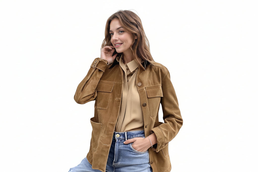 A woman wearing a tan suede utility jacket over a beige collared shirt and blue jeans, photographed against a plain white background.