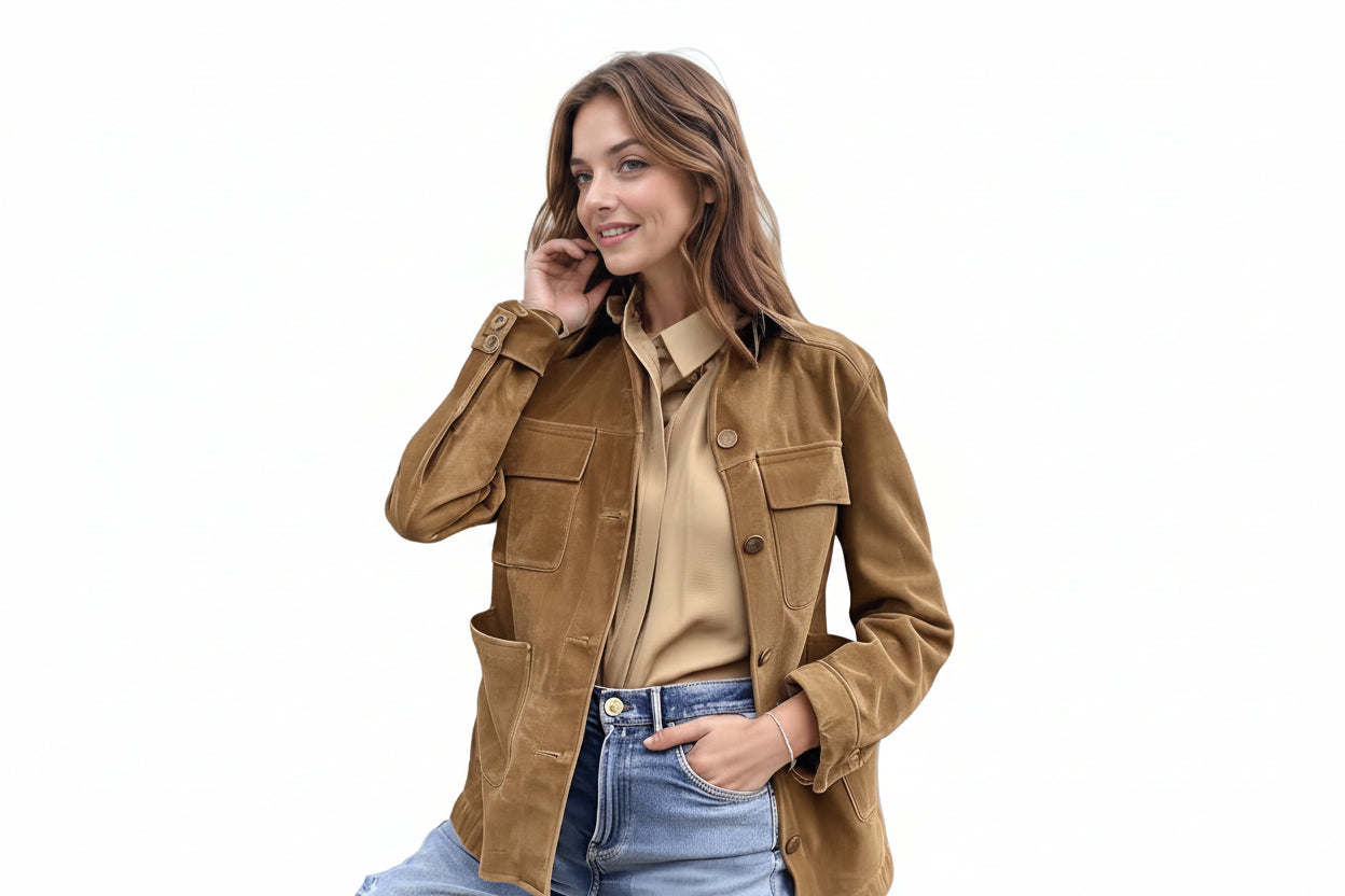 A woman wearing a tan suede utility jacket over a beige collared shirt and blue jeans, photographed against a plain white background.