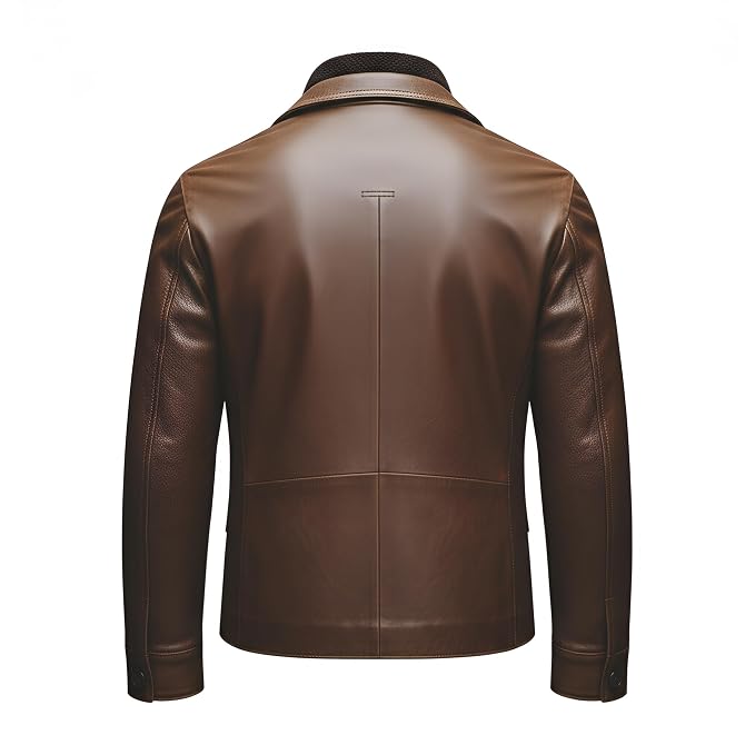 Men's aristograin slim cut genuine real lambskin soft leather field blazer jacket in dark chestnut brown featuring spread notch lapels, dark ribbed knit inset collar, single-breasted front button closure, four button-flap patch pockets, tailored slim fit silhouette, and custom made-to-measure tailoring across the UK, USA, and Australia.back