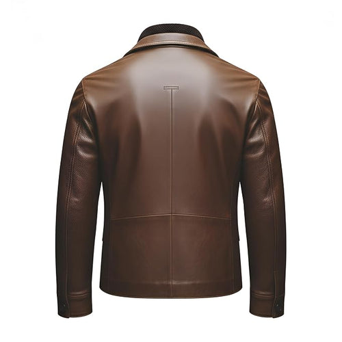 Men's aristograin slim cut genuine real lambskin soft leather field blazer jacket in dark chestnut brown featuring spread notch lapels, dark ribbed knit inset collar, single-breasted front button closure, four button-flap patch pockets, tailored slim fit silhouette, and custom made-to-measure tailoring across the UK, USA, and Australia.back