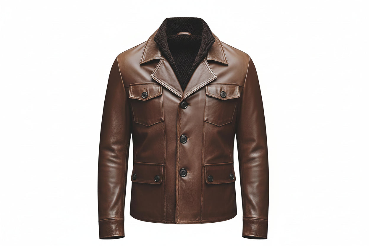 Men's aristograin slim cut genuine real lambskin soft leather field blazer jacket in dark chestnut brown featuring spread notch lapels, dark ribbed knit inset collar, single-breasted front button closure, four button-flap patch pockets, tailored slim fit silhouette, and custom made-to-measure tailoring across the UK, USA, and Australia.
