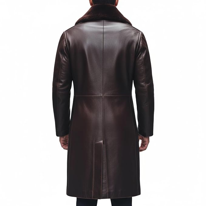 Aristohide biker style long genuine leather coat for men back by UrbanHides, designed for customers in the UK, USA and Australia.