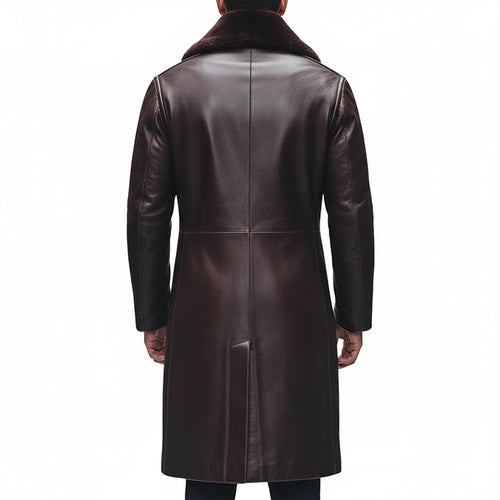 Aristohide biker style long genuine leather coat for men back by UrbanHides, designed for customers in the UK, USA and Australia.