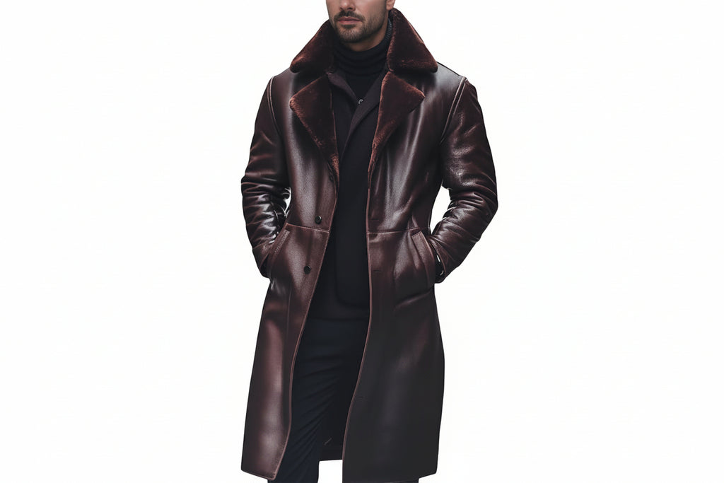 Aristohide biker style long genuine leather coat for men by UrbanHides, designed for customers in the UK, USA and Australia.