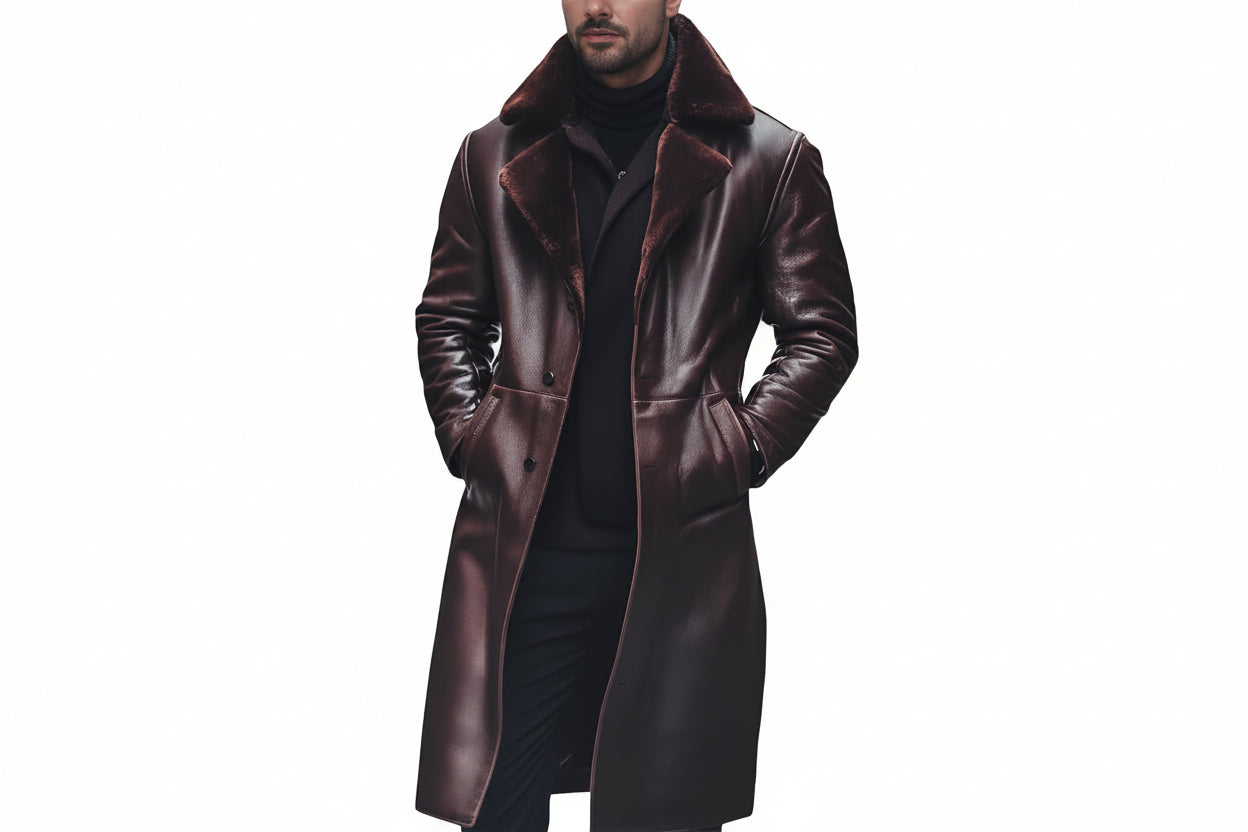 Aristohide biker style long genuine leather coat for men by UrbanHides, designed for customers in the UK, USA and Australia.