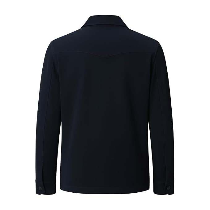 Men's dark navy blue chore work jacket featuring a pointed collar, front button closure, single chest patch pocket, and two lower flap utility pockets back