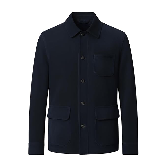 Men's dark navy blue chore work jacket featuring a pointed collar, front button closure, single chest patch pocket, and two lower flap utility pockets front