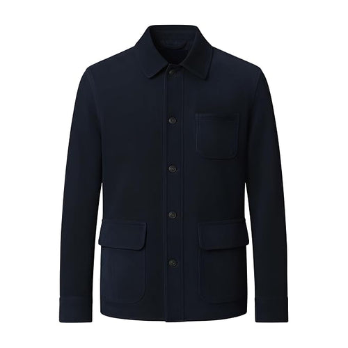Men's dark navy blue chore work jacket featuring a pointed collar, front button closure, single chest patch pocket, and two lower flap utility pockets front