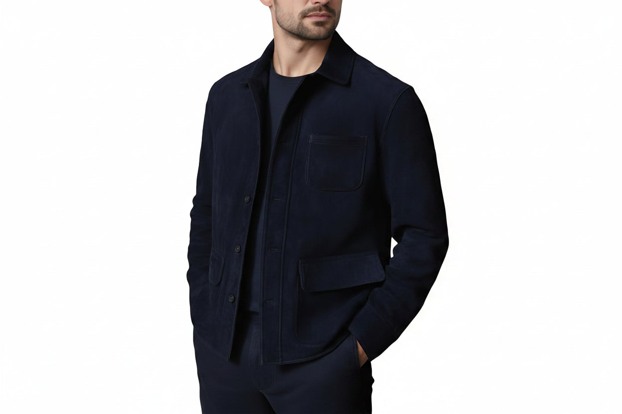 Men's dark navy blue chore work jacket featuring a pointed collar, front button closure, single chest patch pocket, and two lower flap utility pockets