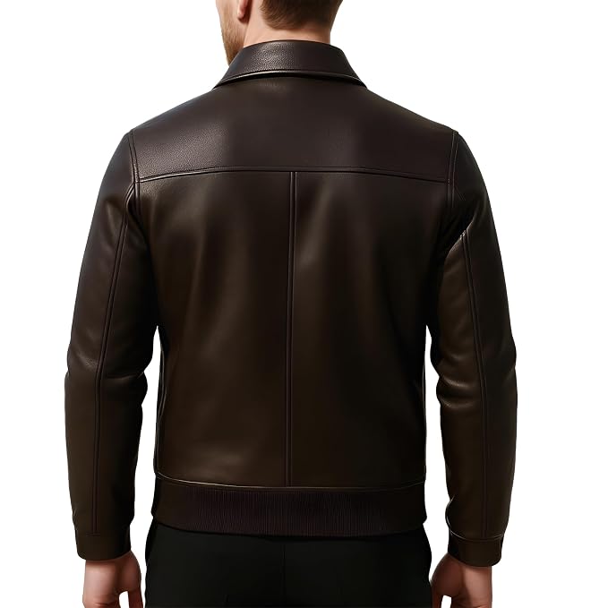 Asphalt Forge men's espresso brown lambskin leather bomber jacket featuring dual flap waist pockets, ribbed knit hem, silver zip, and custom made-to-measure fitting across the UK, USA, and Australia.back