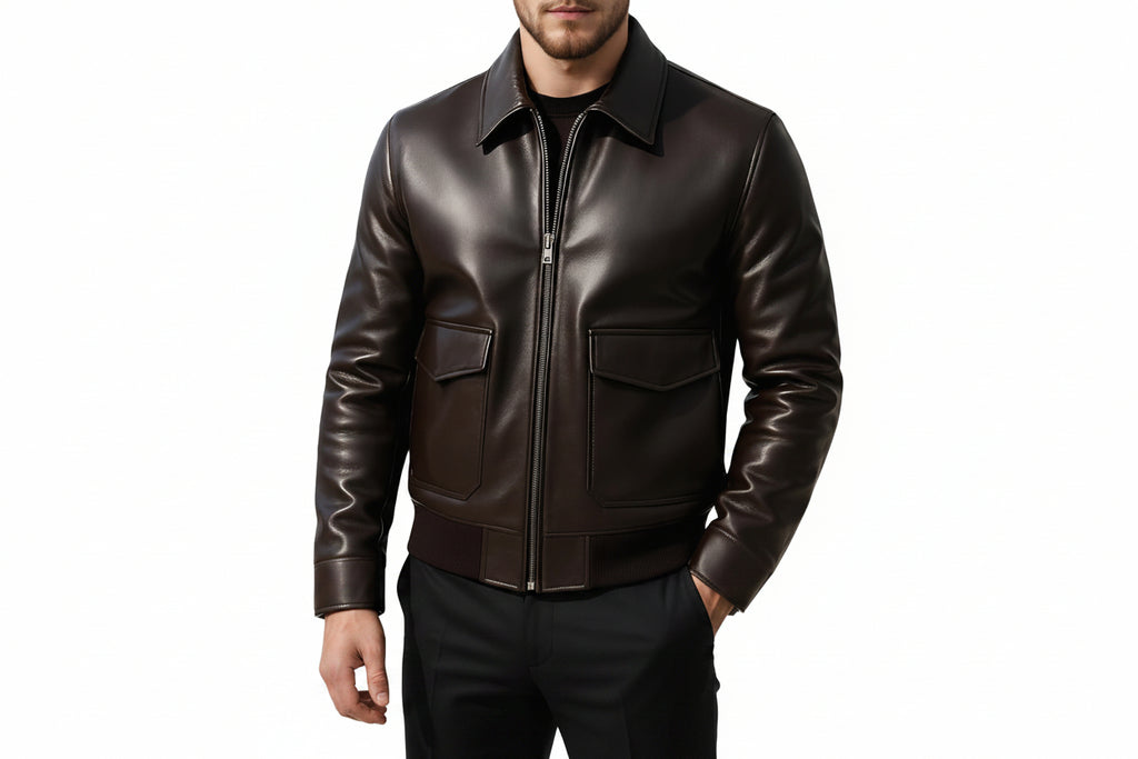 Asphalt Forge men's espresso brown lambskin leather bomber jacket featuring dual flap waist pockets, ribbed knit hem, silver zip, and custom made-to-measure fitting across the UK, USA, and Australia.