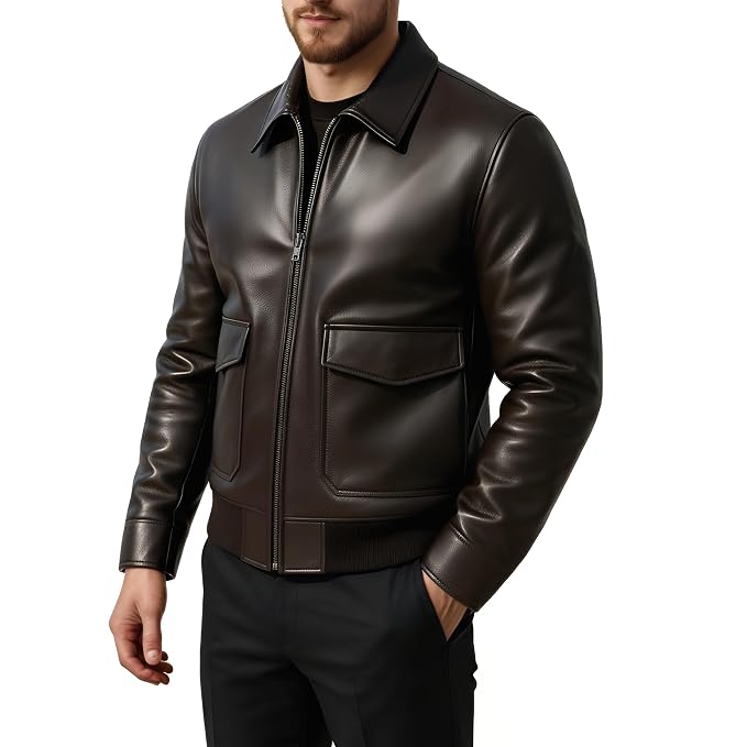 Asphalt Forge men's espresso brown lambskin leather bomber jacket featuring dual flap waist pockets, ribbed knit hem, silver zip, and custom made-to-measure fitting across the UK, USA, and Australia.side
