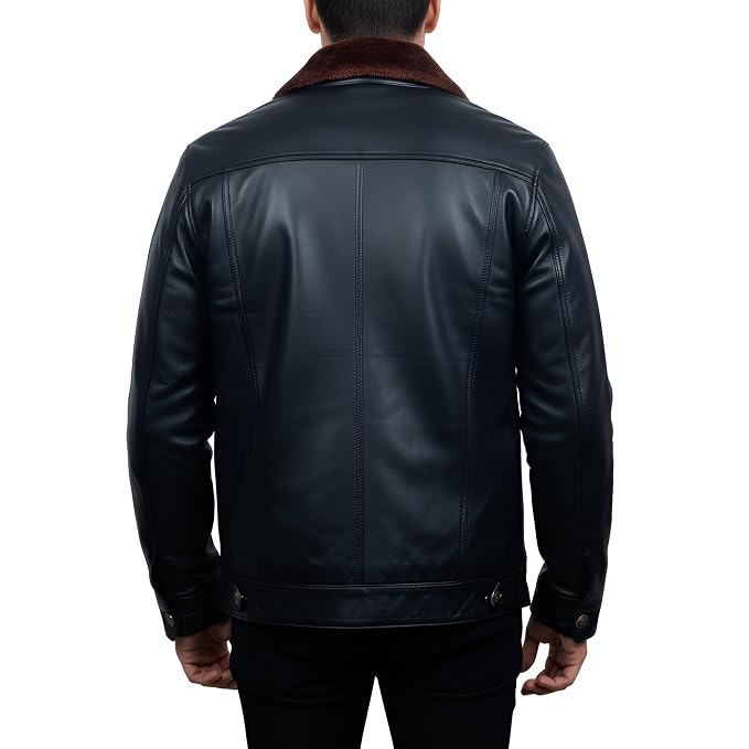 Asphalt Throttle men's glossy black lambskin leather trucker jacket with brown shearling collar, button-front chest pockets, and custom made-to-measure fitting across the UK, USA, and Australia.back