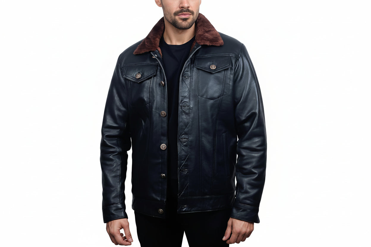 Asphalt Throttle men's glossy black lambskin leather trucker jacket with brown shearling collar, button-front chest pockets, and custom made-to-measure fitting across the UK, USA, and Australia.