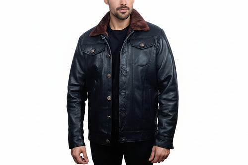 Asphalt Throttle men's glossy black lambskin leather trucker jacket with brown shearling collar, button-front chest pockets, and custom made-to-measure fitting across the UK, USA, and Australia.