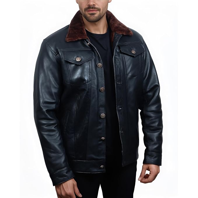 Asphalt Throttle men's glossy black lambskin leather trucker jacket with brown shearling collar, button-front chest pockets, and custom made-to-measure fitting across the UK, USA, and Australia.side